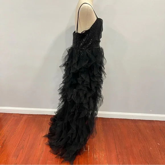 Mac Duggal Black Sequin Mini Gown With High Low Ruffle Tiered Train - Reemoly